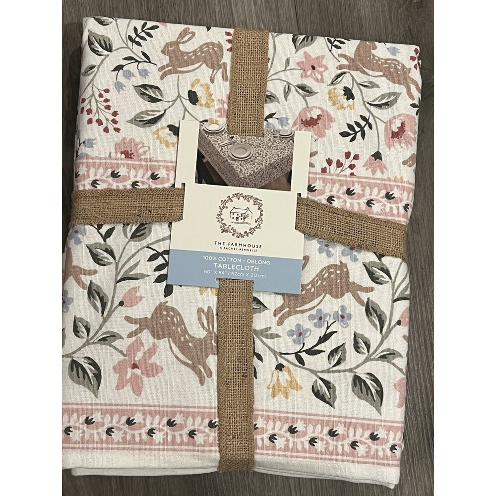The Farmhouse Rachel Ashwell Cotton Tablecloth Easter Bunny Rabbit Floral 60x84